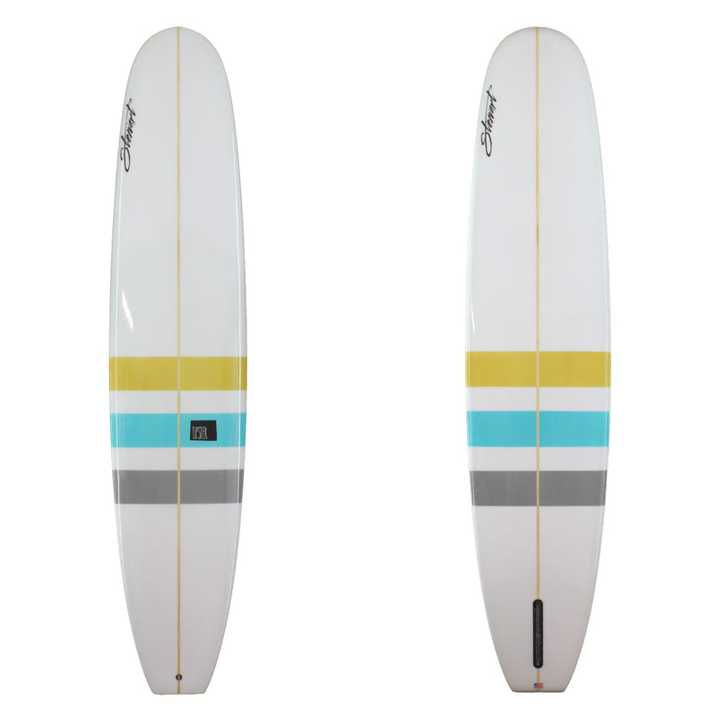 Deck and Bottom view of a Stewart Tipster Longboard with blue green and grey stripe 1/4 the way up the board with a gloss and polish finish 