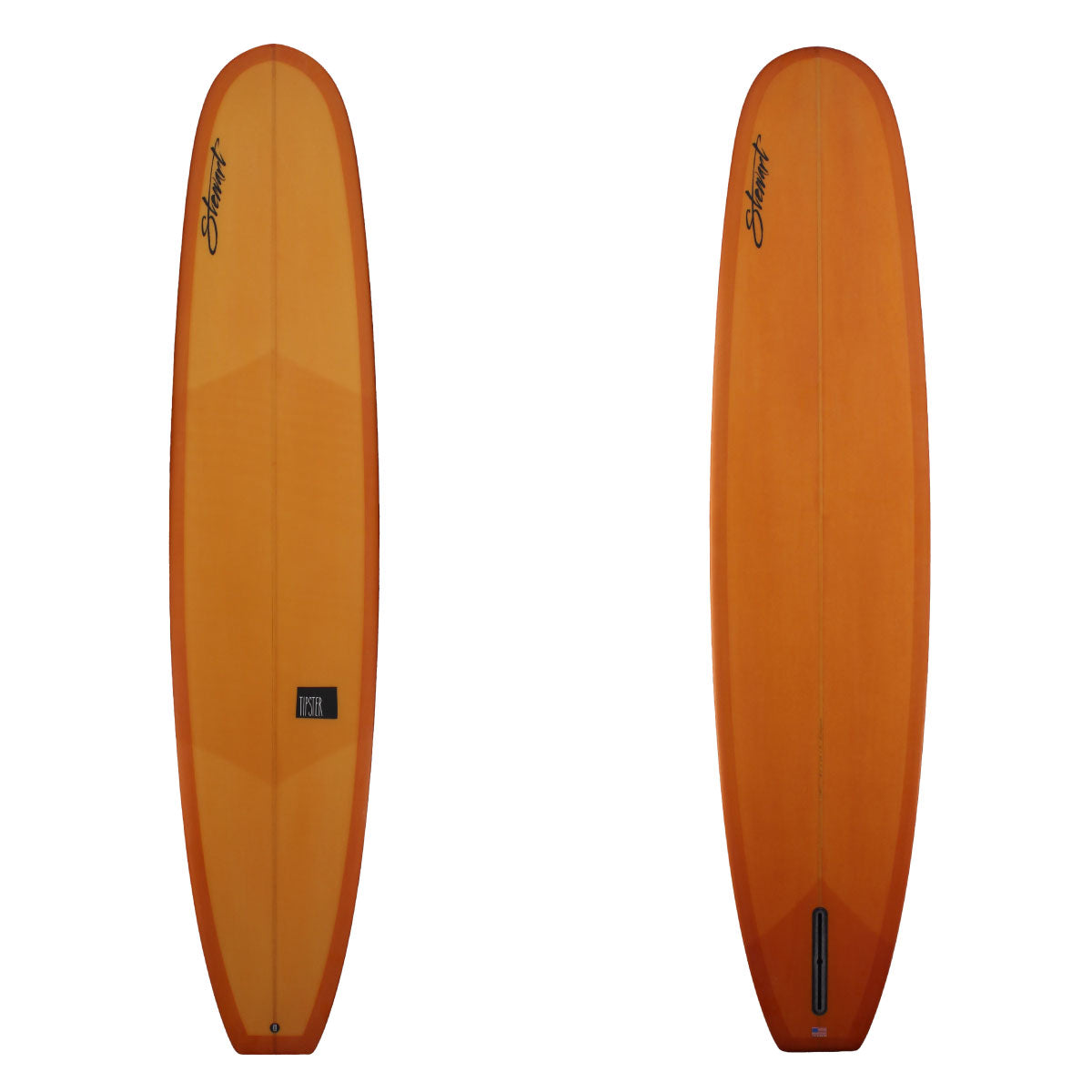 A STEWART TIPSTER LONG BOARD WITH AN ORANGE RESIN TINT TOP AND BOTTOM 