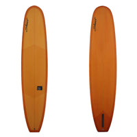 A STEWART TIPSTER LONG BOARD WITH AN ORANGE RESIN TINT TOP AND BOTTOM