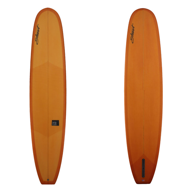 A STEWART TIPSTER LONG BOARD WITH AN ORANGE RESIN TINT TOP AND BOTTOM 