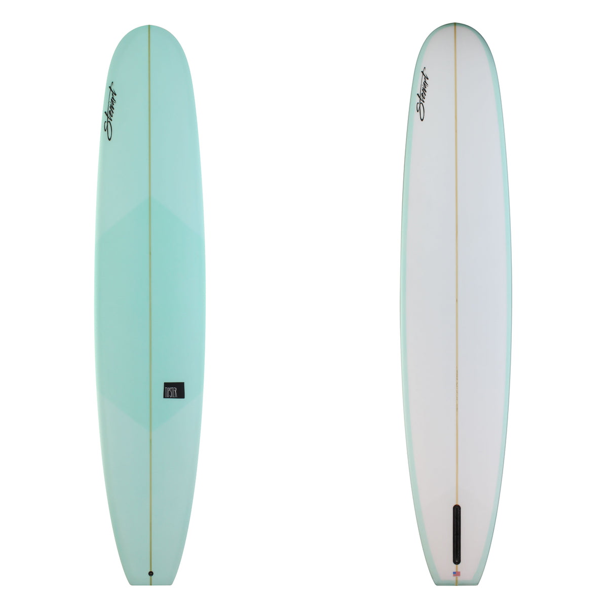 stewart tipster longboard surfboard with teal reverse layup resin tint 