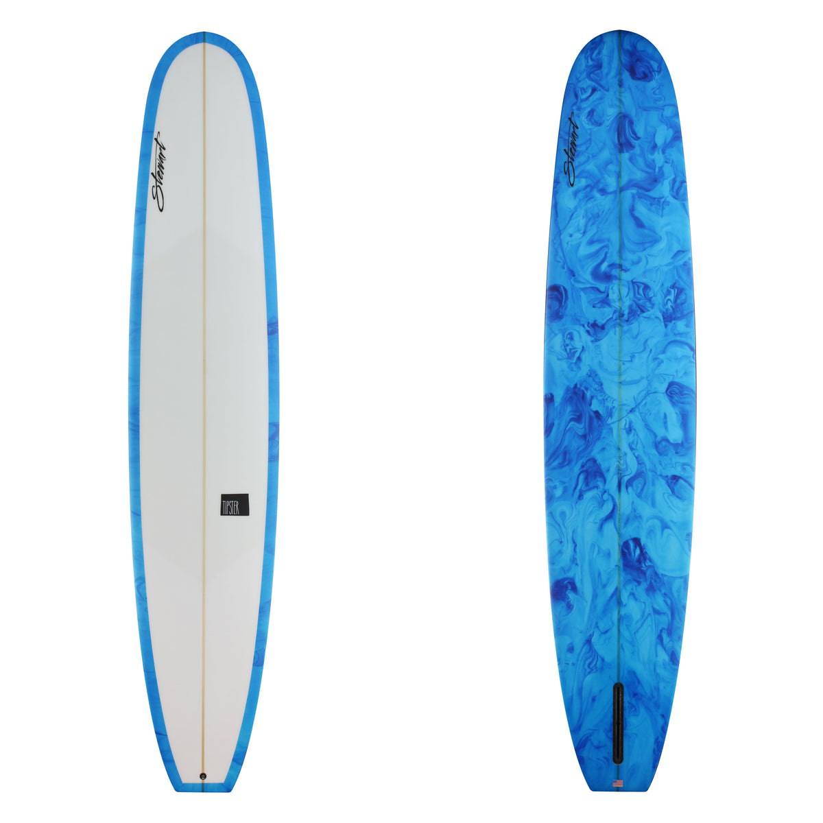 stewart tipster longboard with blue resin swirl bottom and rails 