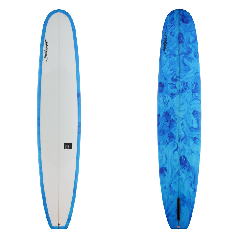 stewart tipster longboard with blue resin swirl bottom and rails 