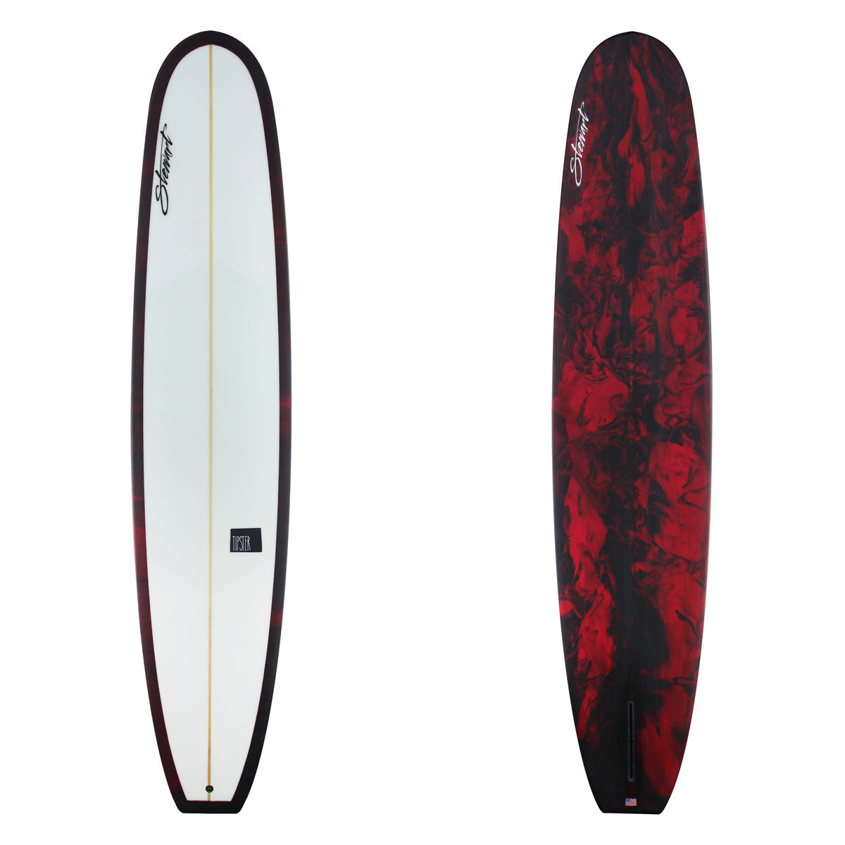 Stewart Longboard 9'3" Tipster (9'3", 23", 3") B#129053 with red and black resin swirl on the bottom and rails.