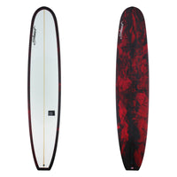 Stewart Longboard 9'3" Tipster (9'3", 23", 3") B#129053 with red and black resin swirl on the bottom and rails.