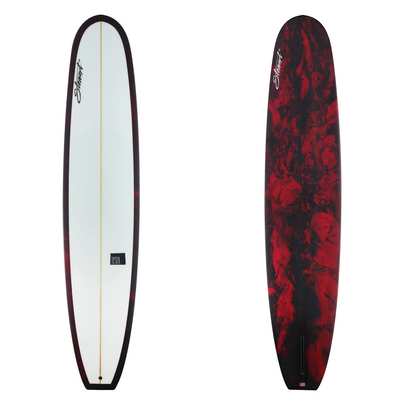 Stewart Longboard 9'3" Tipster (9'3", 23", 3") B#129053 with red and black resin swirl on the bottom and rails.