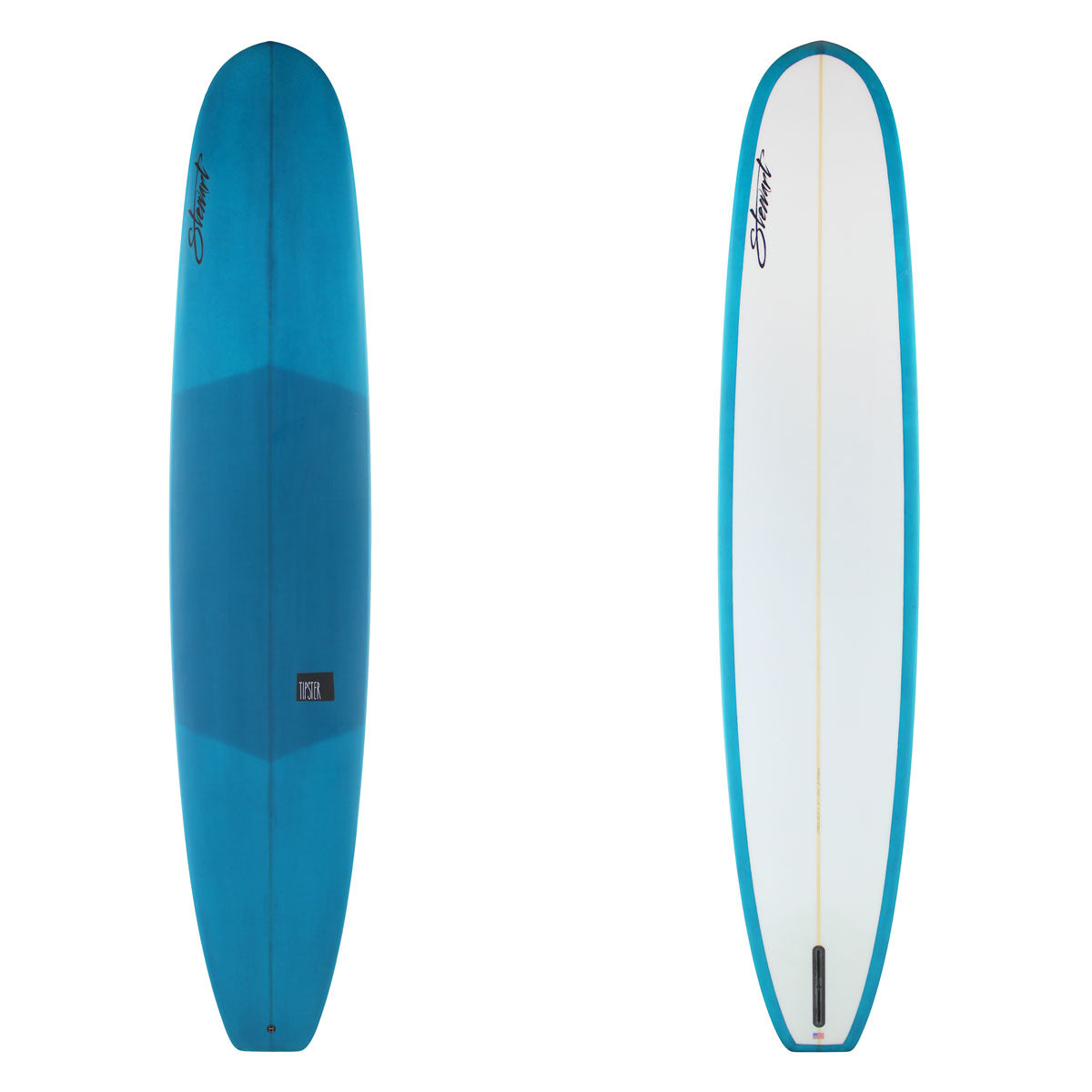 Blue and white surfboard with a visible brand logo on a white background