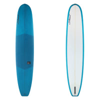 Blue and white surfboard with a visible brand logo on a white background