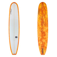 Orange and white surfboard with flame pattern on a white background