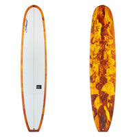 Stewart Longboard 9'4" Tipster (9'4", 23 1/2", 3 1/8") B#129369 with a red and yellow resin swirl on the bottom and rails