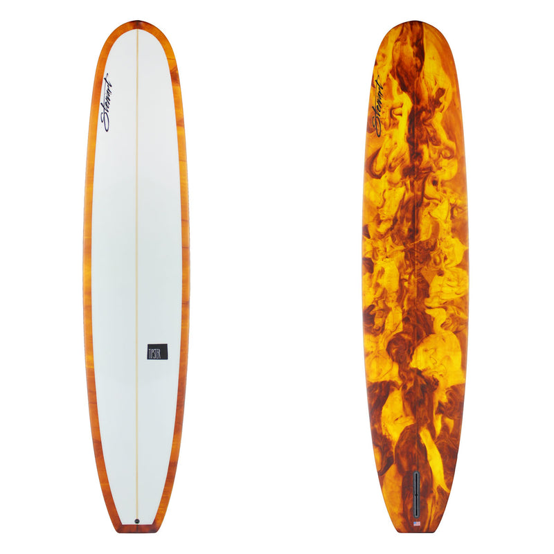 Stewart Longboard 9'4" Tipster (9'4", 23 1/2", 3 1/8") B#129369 with a red and yellow resin swirl on the bottom and rails