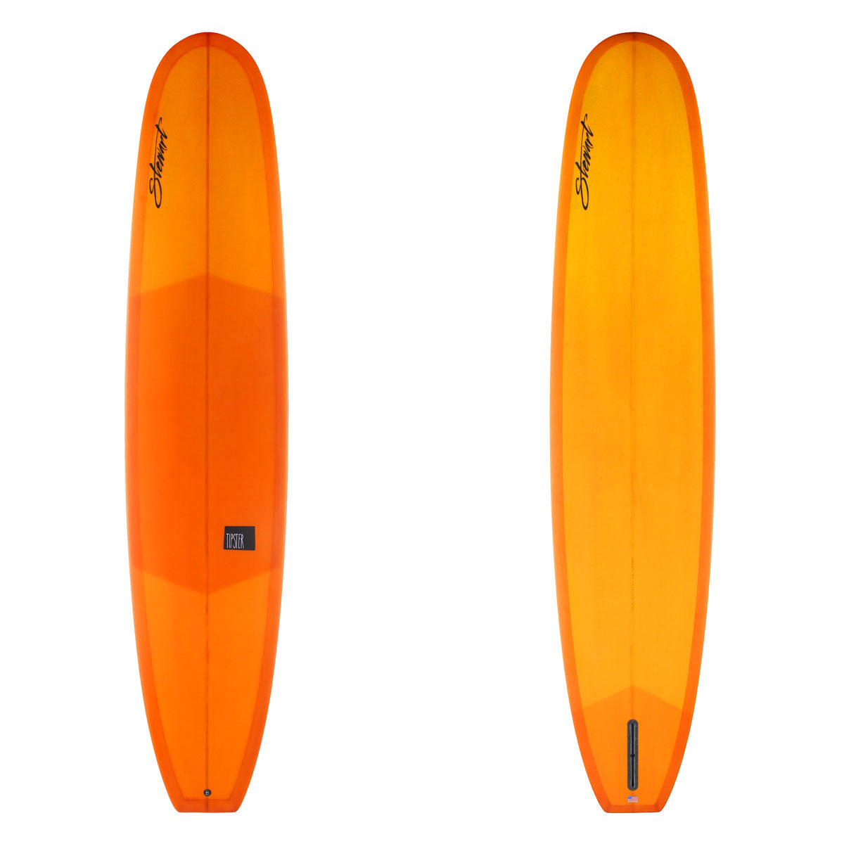 Orange surfboard with a visible brand logo on a white background