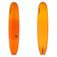 Orange surfboard with a visible brand logo on a white background