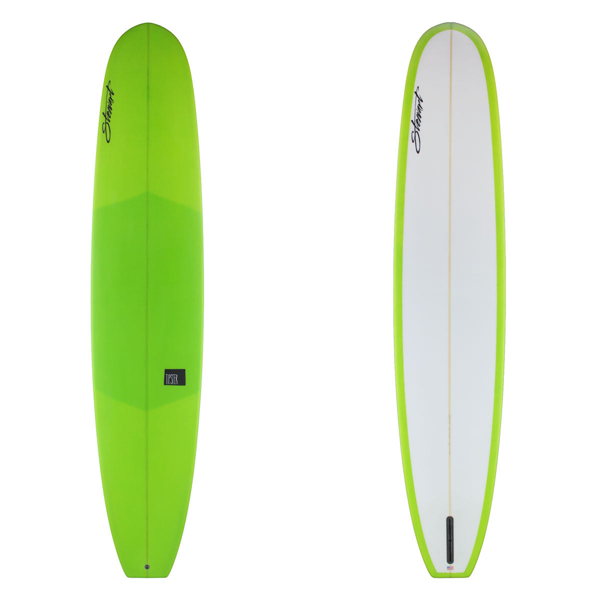 Green and white surfboard with a visible brand logo on a white background
