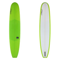 Green and white surfboard with a visible brand logo on a white background