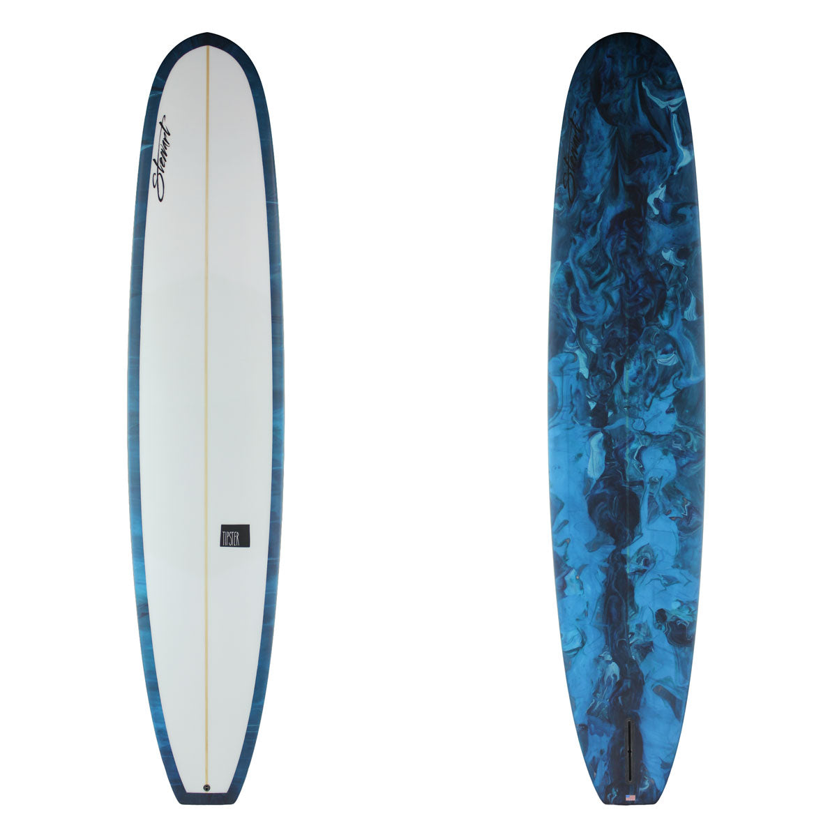 Two views of a blue and white surfboard on a white background
