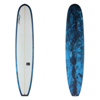 Two views of a blue and white surfboard on a white background