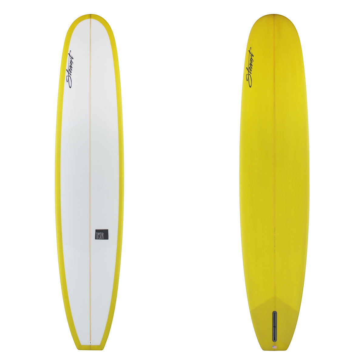 Yellow and white surfboard with a visible brand logo on a white background