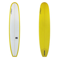 Yellow and white surfboard with a visible brand logo on a white background