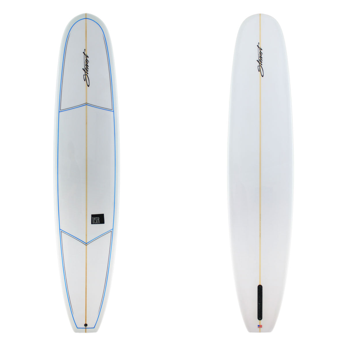 Two surfboards, one with blue accents and the other white, on a white background.