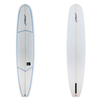 Two surfboards, one with blue accents and the other white, on a white background.