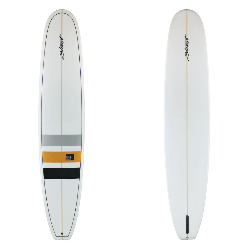 Deck and bottom view of a Stewart Tipster with a gray, yellow, and black stripe running from rail to rail on the deck of the board