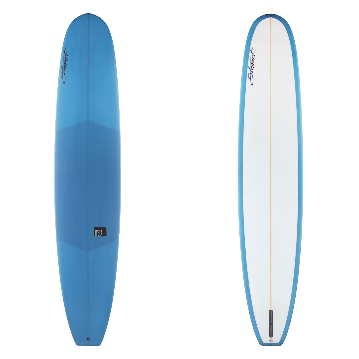 Stewart Longboard 10'0" Tipster (10'0", 24", 3 3/8") B#129550 with a dark blue resin tint on the deck and rails.