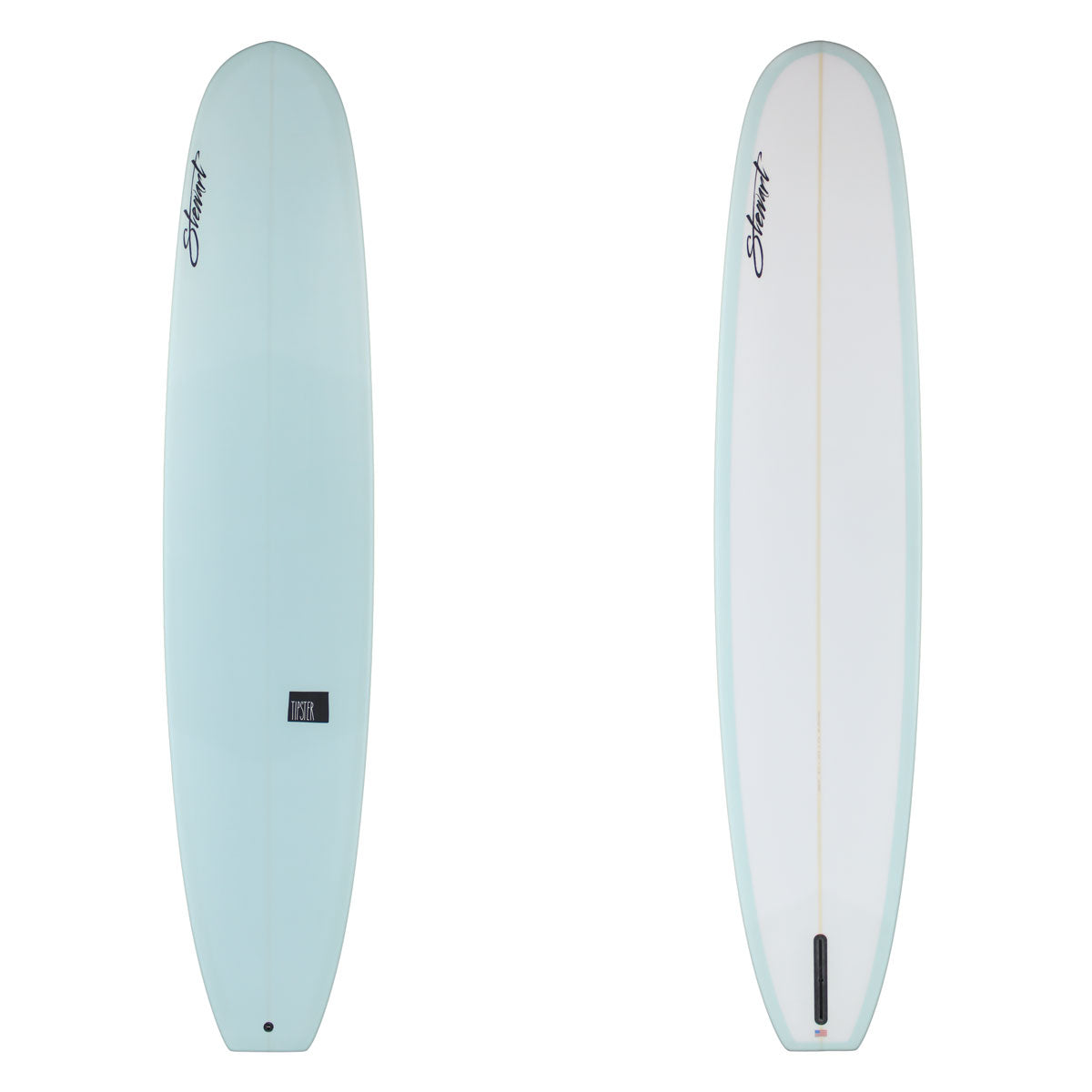 Two views of a light blue surfboard on a white background
