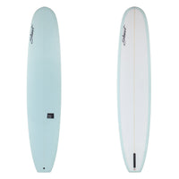 Two views of a light blue surfboard on a white background