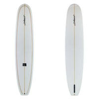 Stewart Long board 9'4" Tipster (9'4", 23 1/2", 3 1/8") B#129598 Gloss & Polish with a gold and black pin line on the deck