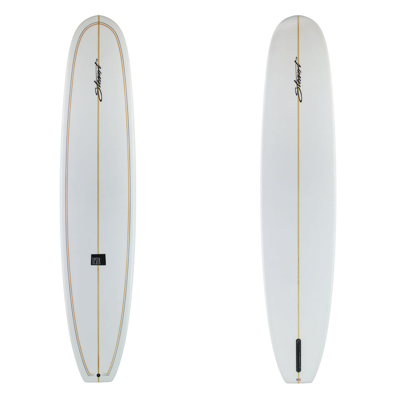 Stewart Long board 9'4" Tipster (9'4", 23 1/2", 3 1/8") B#129598 Gloss & Polish with a gold and black pin line on the deck