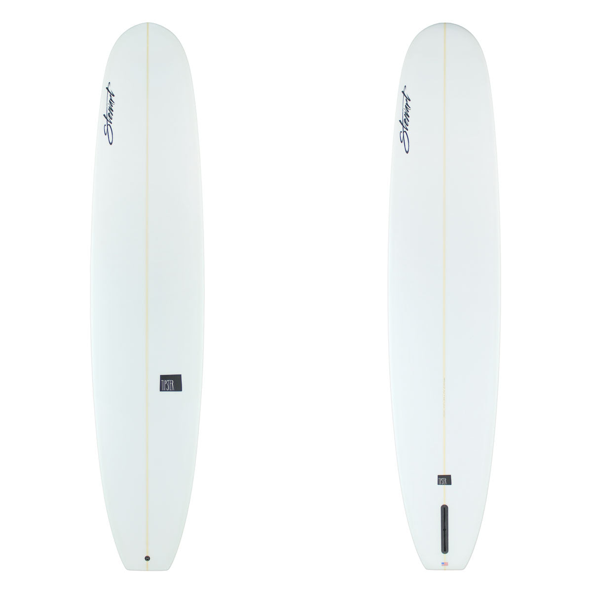 two images of a white surfboard wih black branding