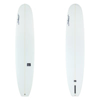 two images of a white surfboard wih black branding