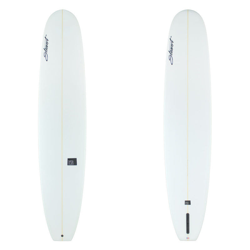 two images of a white surfboard wih black branding