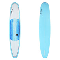 Stewart Longboard 9'2" Tipster (9'2", 23", 3") B#129632 with a blue bottom and a blue/teal acid splash panel on the deck center