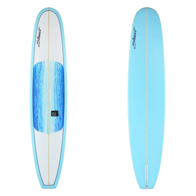 Stewart Longboard 9'2" Tipster (9'2", 23", 3") B#129632 with a blue bottom and a blue/teal acid splash panel on the deck center
