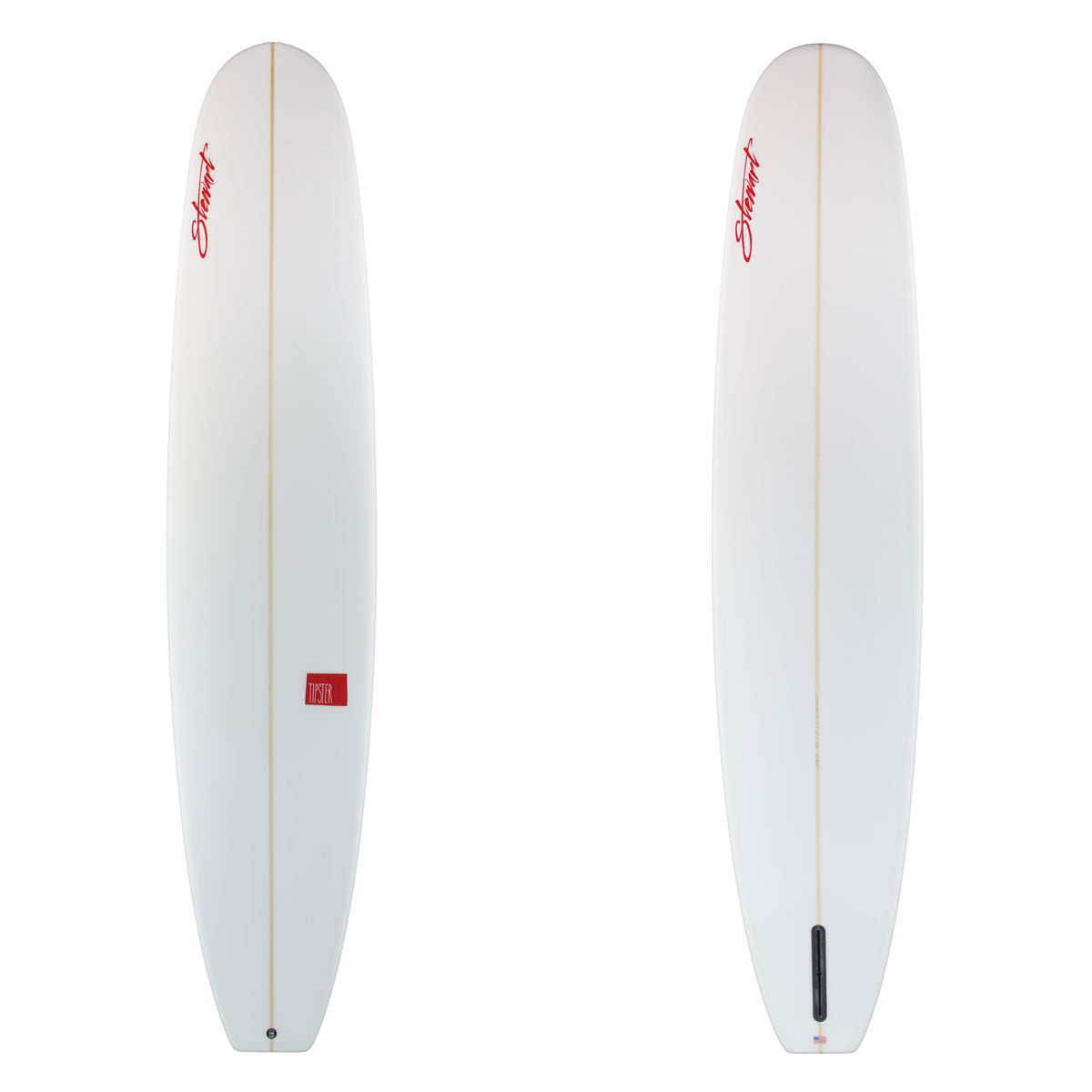 White surfboard with red logo on a white background