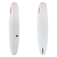 White surfboard with red logo on a white background