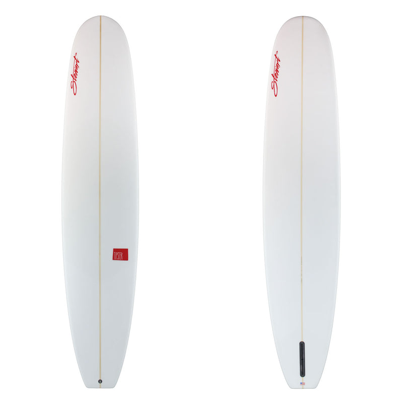 White surfboard with red logo on a white background