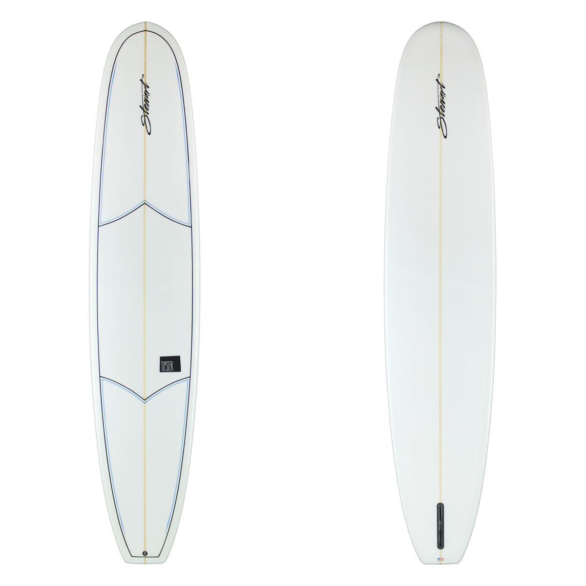 Two views of a white surfboard on a plain white background, showing the top and bottom halves. The board features a gold centerline, blue outline details, a black script logo near the nose, and a black fin box near the tail.