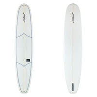 Two views of a white surfboard on a plain white background, showing the top and bottom halves. The board features a gold centerline, blue outline details, a black script logo near the nose, and a black fin box near the tail.