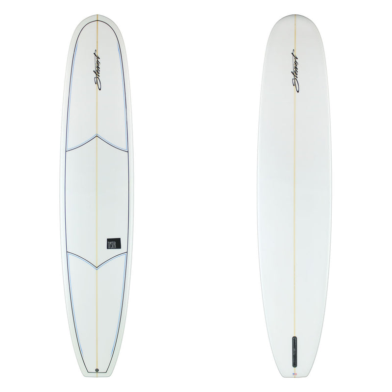 Two views of a white surfboard on a plain white background, showing the top and bottom halves. The board features a gold centerline, blue outline details, a black script logo near the nose, and a black fin box near the tail.