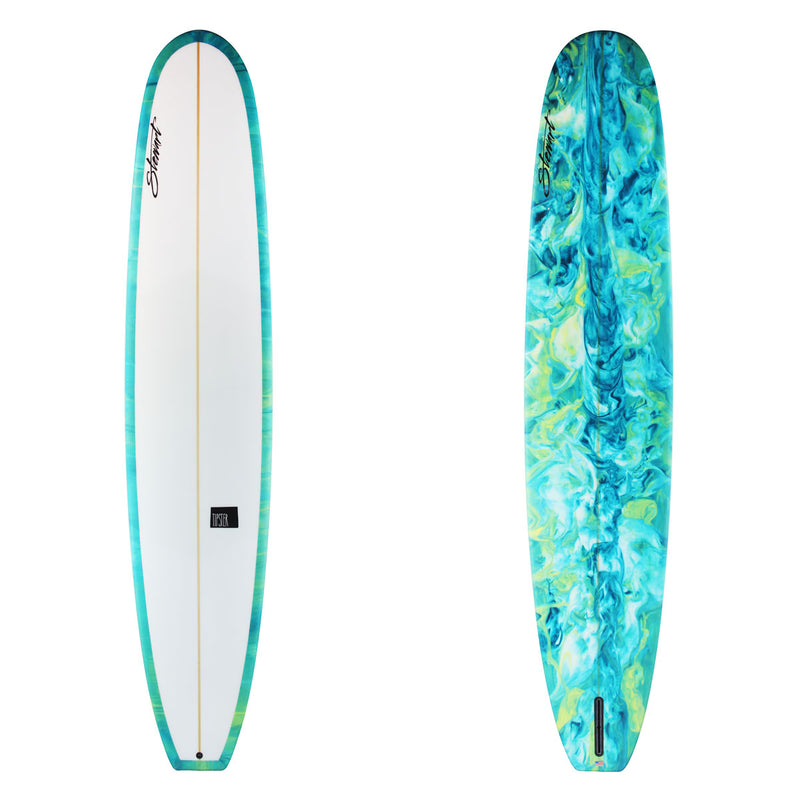 Two surfboard images. The top has yellw and green abstract rails with black branding. The bottom is yellow and blue abstract with black branding.