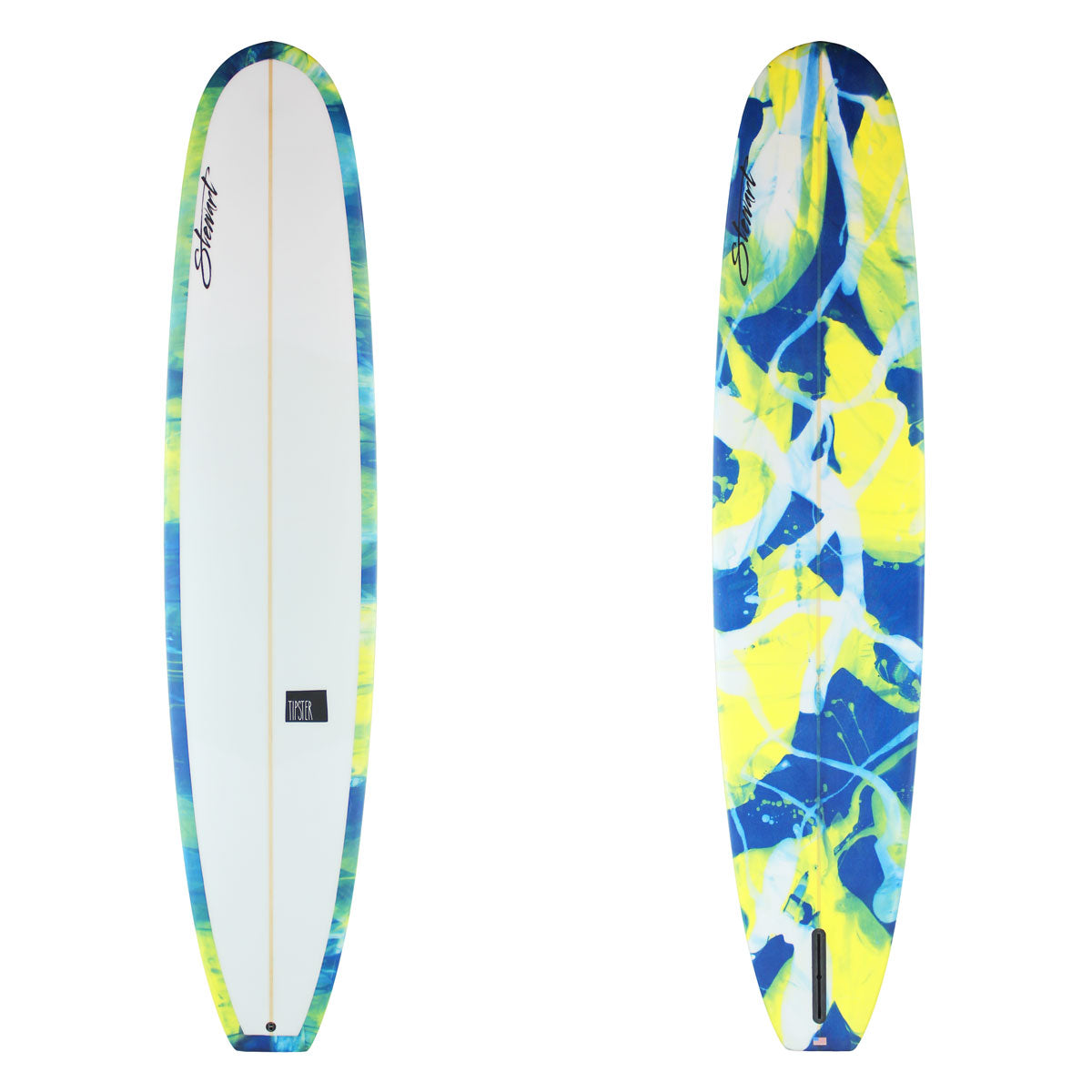2 surfboard images with a yellow and blue abstract design with back branding