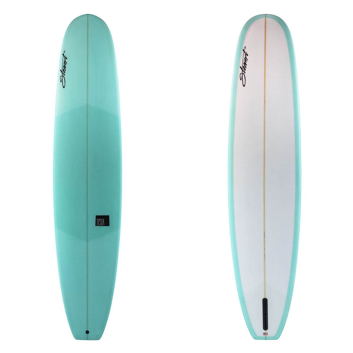 Two views of a teal and white surfboard with branding on a white background