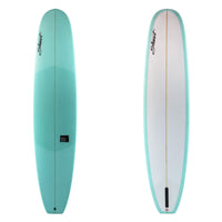 Two views of a teal and white surfboard with branding on a white background