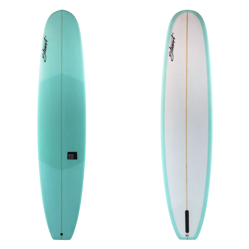 Two views of a teal and white surfboard with branding on a white background