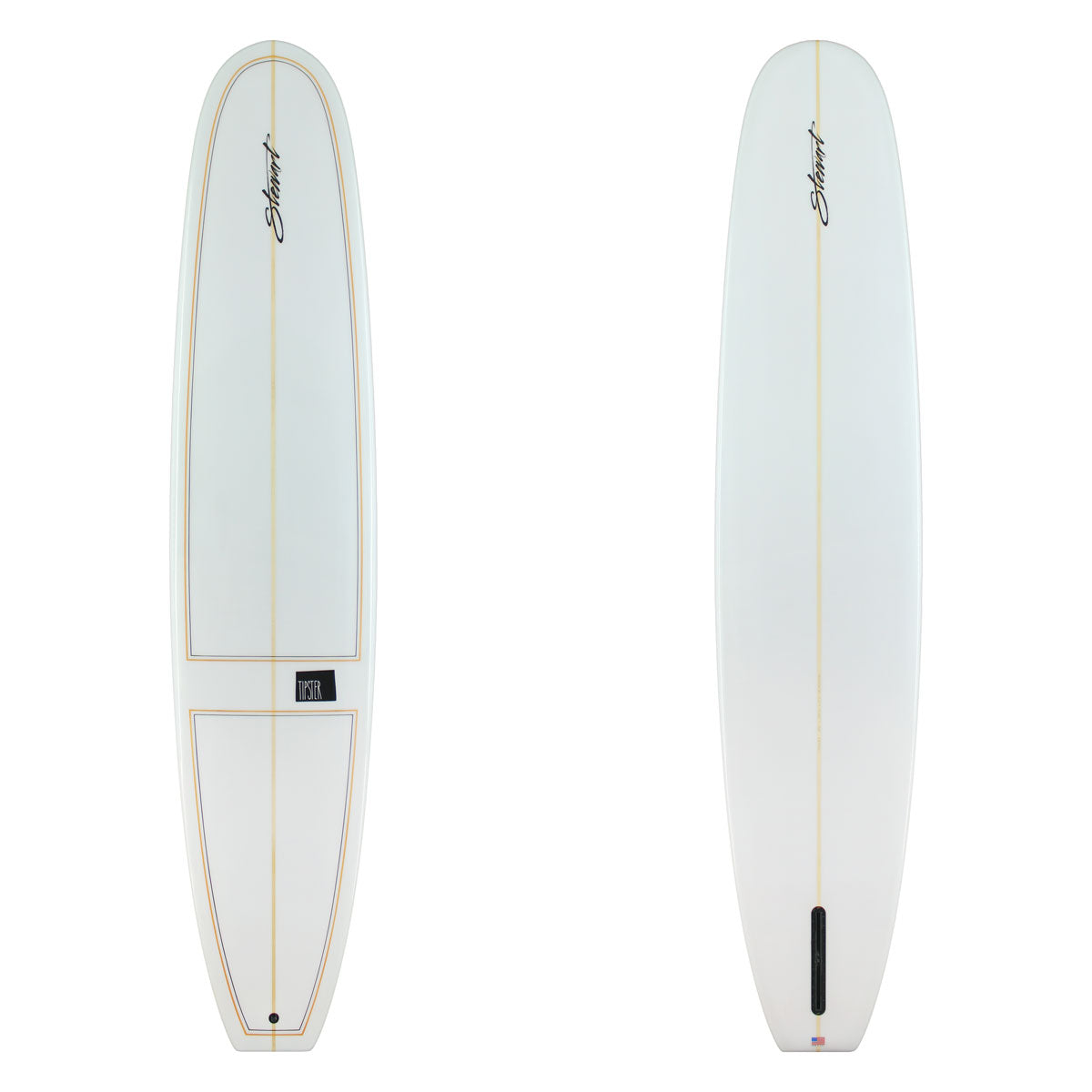 White surfboard with branding on a white background