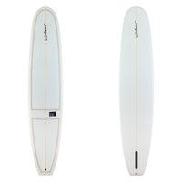 White surfboard with branding on a white background