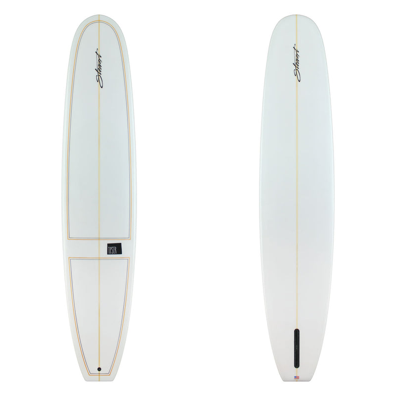 White surfboard with branding on a white background